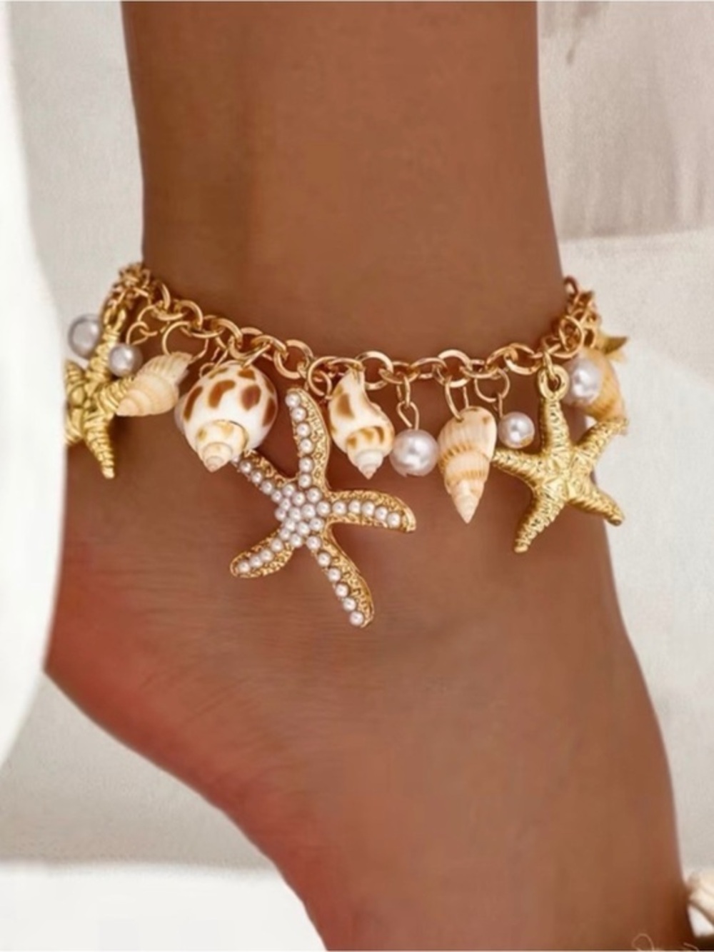 Gold Shell & Starfish Charm Anklet - Beach Charm Bracelet